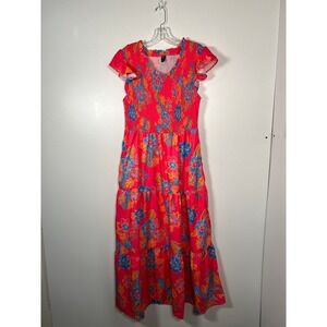 Emery Rose Pink Maximalist Floral Smocked Tiered‎ Maxi Dress Boho Tropical 0XL